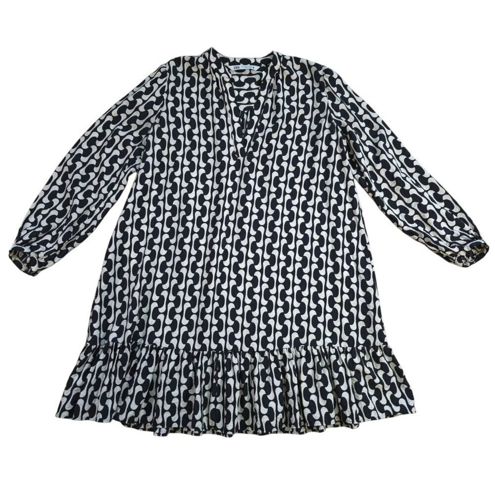 Zara Black White Geometric Ruffle Hem Dress XS Long Sleeve Boho.